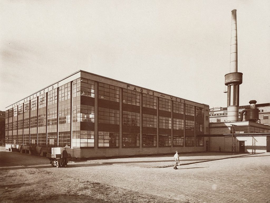 gropius biography: Walter Gropius and Adolf Meyer, Fagus Factory, 1911-1914, Alfeld, Germany. Photograph by Edmund Lill via Wikimedia Commons (CC BY-SA 3.0).
