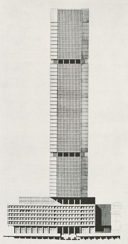 gropius biography: Drawing of the north elevation for the Pan Am Building, New York. In The Architects Collaborative: Process Architecture No.19 TAC, The Heritage of Walter Gropius, October 1980. Courtesy of the publisher.
