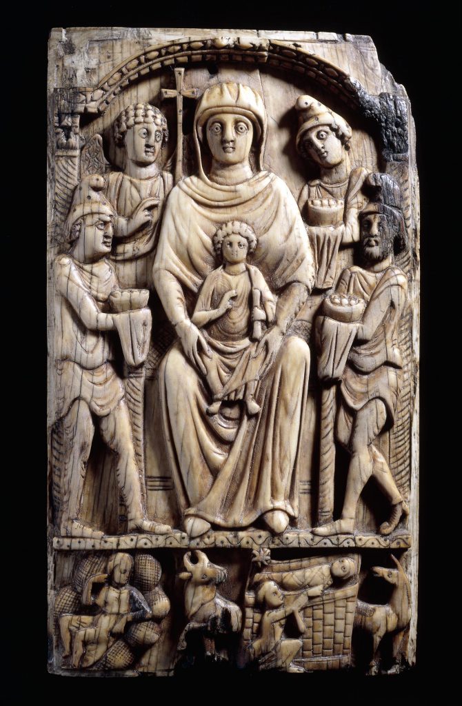 Adoration of the Magi: Ivory plaque with the Adoration of the Magi, ca. 500-550, British Museum, London, UK.
