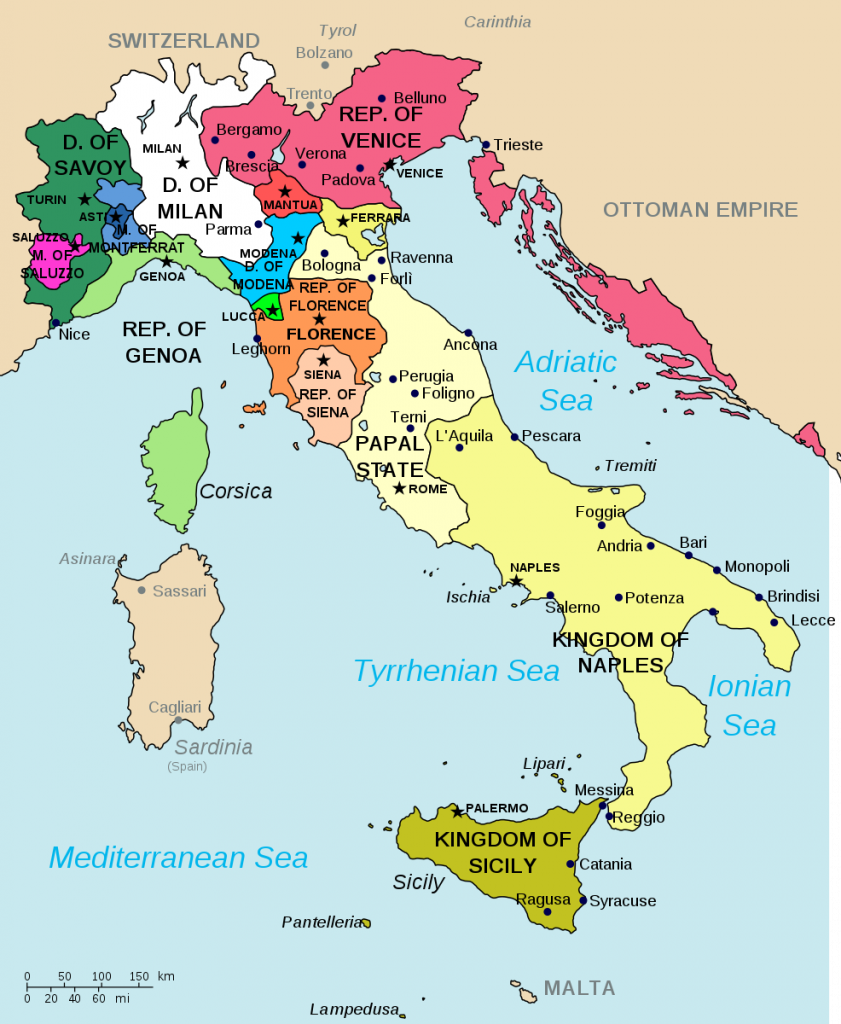Proto-Renaissance: The Italian city-states in 1499. Wikimedia Commons (public domain).
