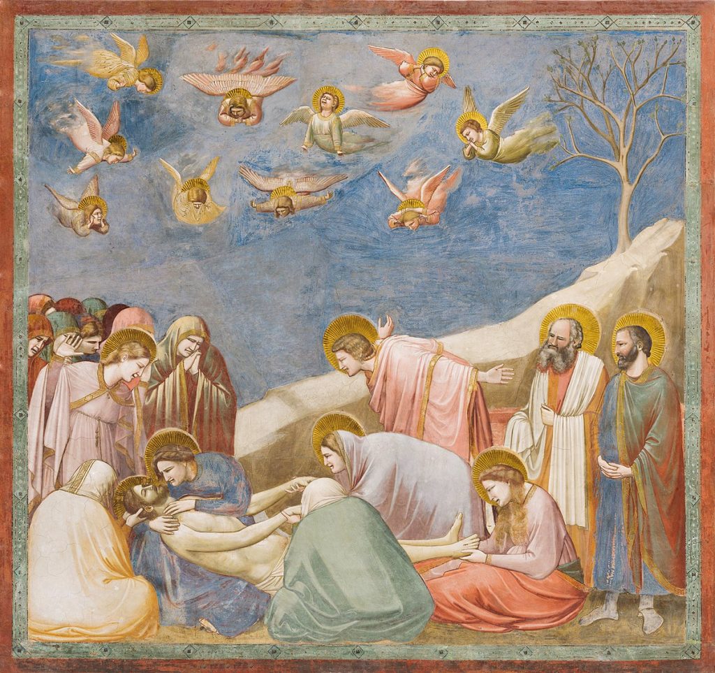 Proto-Renaissance: Giotto di Bondone. Lamentation, ca. 1304-1306, from Scenes from the Life of Christ, located in the Scrovegni Chapel, Padua, Italy.
