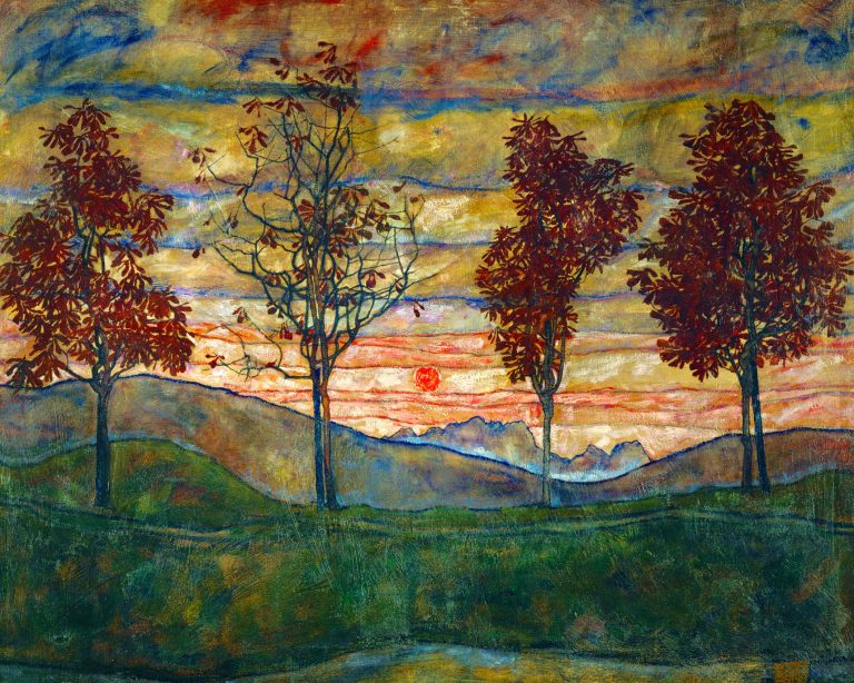 autumn paintings by famous artists: Egon Schiele, Four Trees, 1917, Belvedere, Vienna, Austria.
