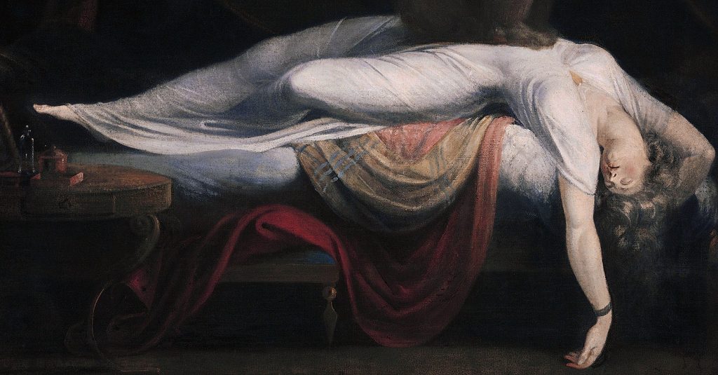 Section from The Nightmare (1781): A sleeping woman, dressed in white.