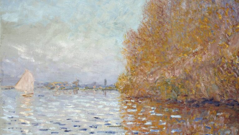autumn paintings by famous artists: Claude Monet, Argenteuil Basin with a Single Sailboat, National Gallery of Ireland, Dublin, Ireland. Wikimedia Commons (public domain). Detail.
