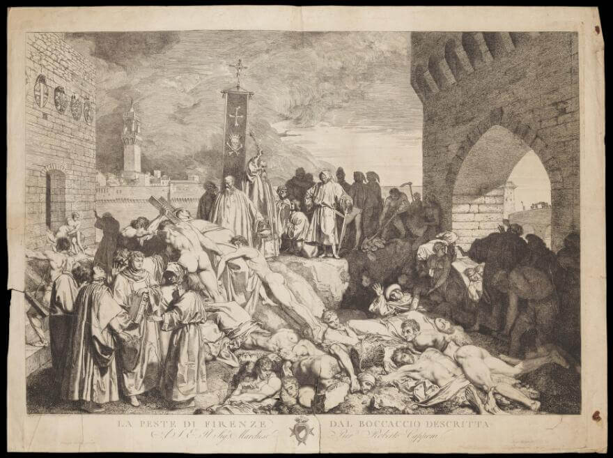 Proto-Renaissance: L. Sabatelli the elder (after G. Boccaccio), The Plague of Florence, 1348; an episode in the Decameron by Boccaccio, etching, Wellcome Collection, London, UK.
