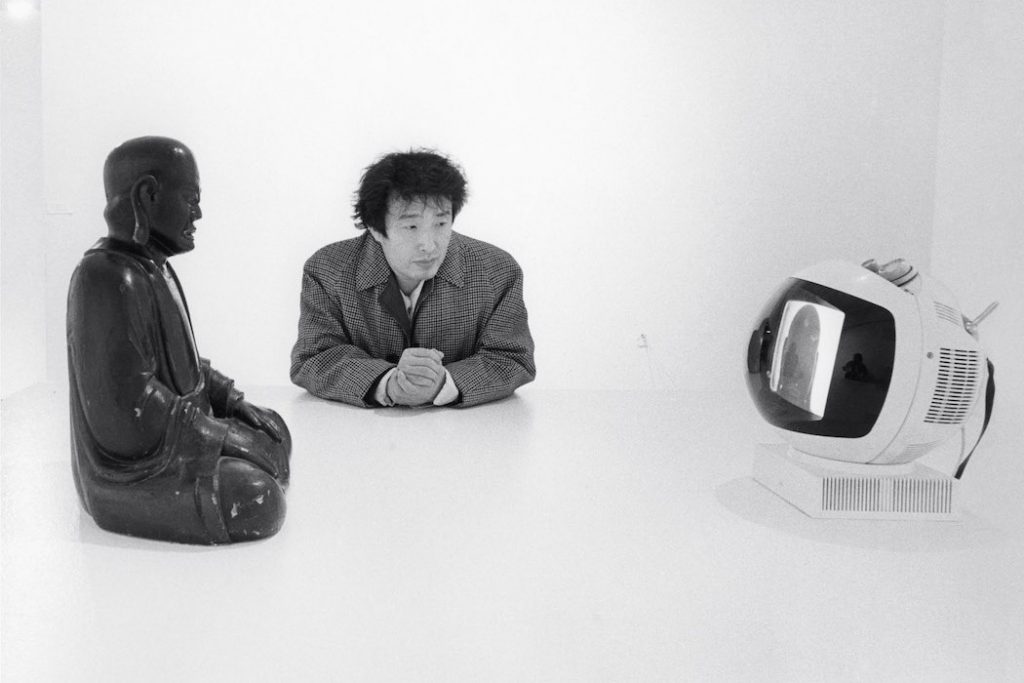 nam june paik: Nam June Paik and his TV Buddha at Projects: Nam June Paik, Museum of Modern Art, New York, NY, USA, 1977. Photo by Eric Kroll.
