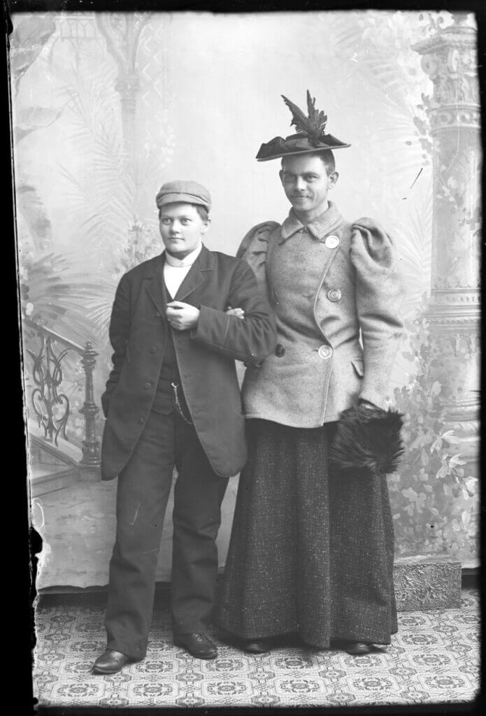 Berg & Hoeg, Marie Hoeg posing with an unknown male in the studio, ca. 1895-1903, Preus museum, Horten, Norway.
