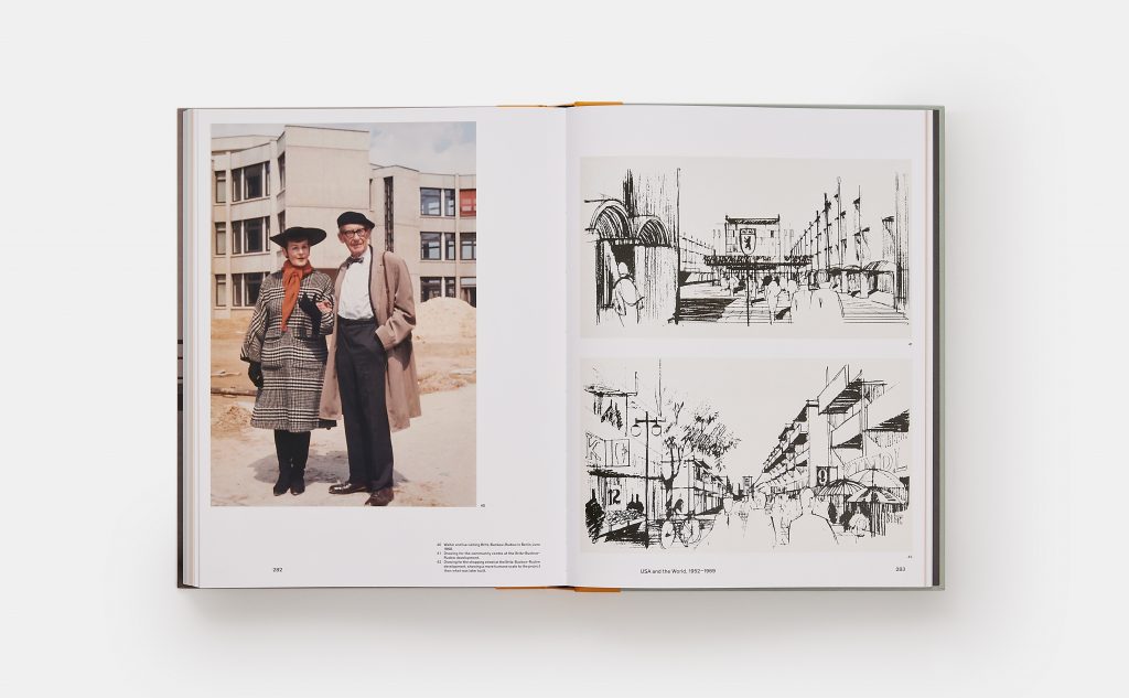 gropius biography: Walter Gropius: An Illustrated Biography, Chapter 7: USA and the World, 1952-1969, by Leyla Daybelge and Markus Englund. Courtesy of the publisher.
Clockwise from left: Walter and Ise visiting Britz-Buckow-Rudow in Berlin, June 1968; Drawing for the community center at the Britz-Buckow-Rudow development; Drawing for the shopping street at the Britz-Buckow-Rudow development.
