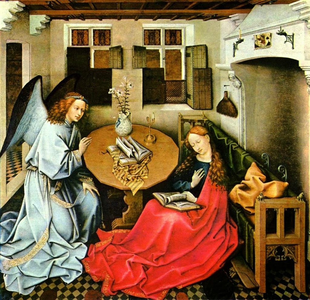 flowers in art: Flowers in art: Robert Campin, The Annunciation, 1430, Royal Museum of Fine Arts of Belgium, Brussels, Belgium. Wikimedia Commons (public domain).
