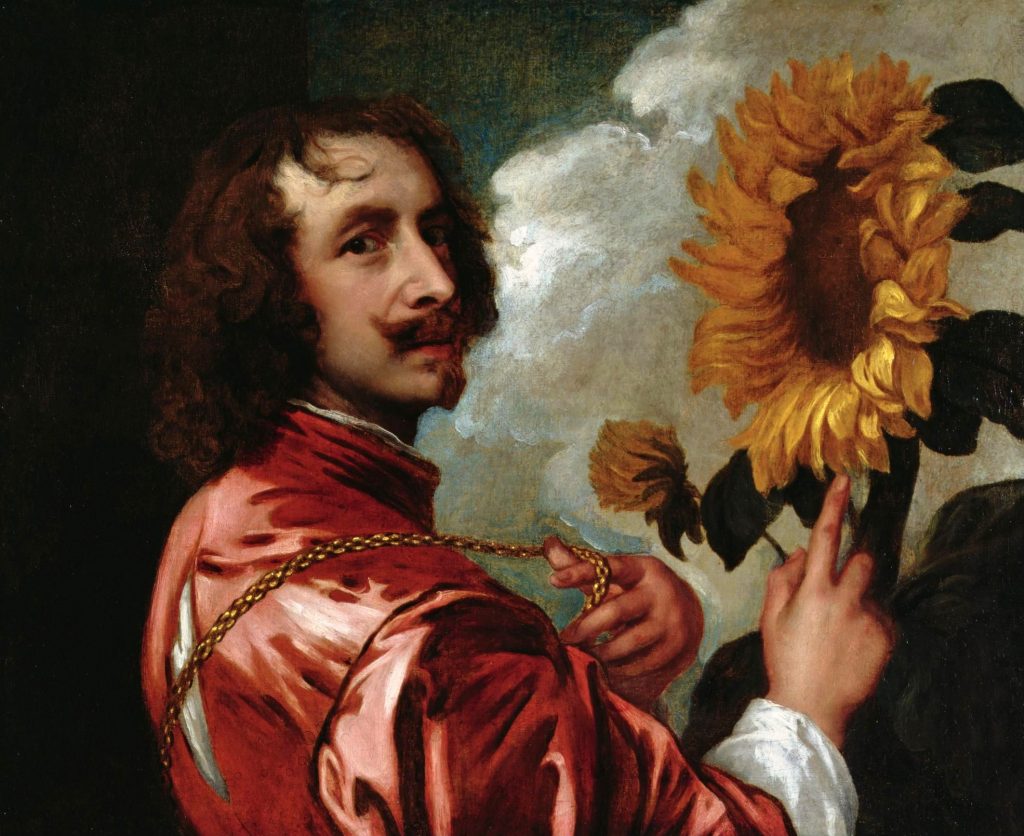flowers in art: Flowers in art: Anthony van Dyck, Self-portrait with Sunflower, 1632, private collection. Wikimedia Commons (public domain).
