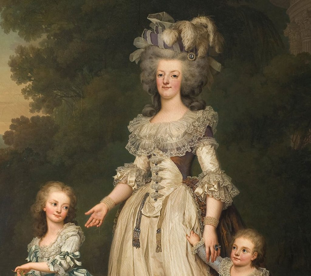 royal jewels: Adolf Ulrik Wertmüller, Queen Marie Antoinette of France and Two of Her Children Walking in the Park of Trianon, ca. 1785. Nationalmuseum, Stockholm, Sweden. Detail.
