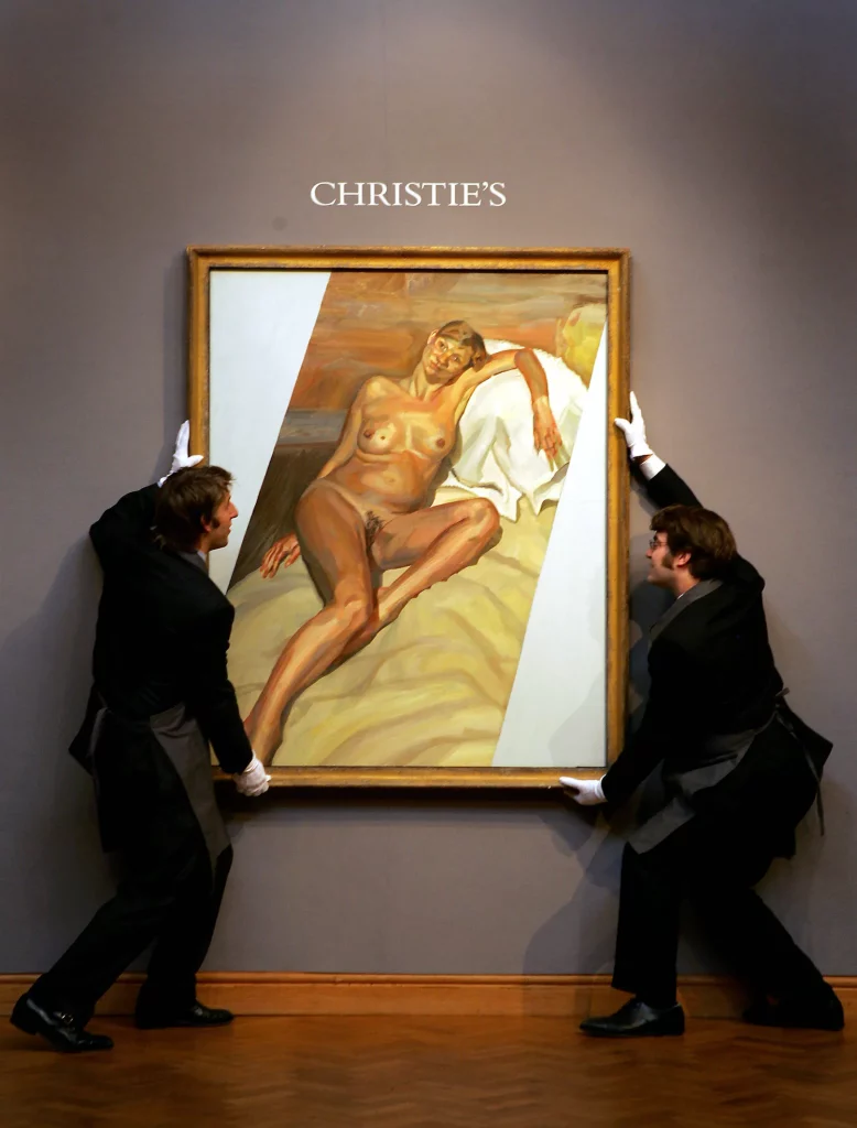fashion icons in art: 
Fashion icons in art: Lucian Freud, Naked Portrait, 2002, on view at Christie’s auction house in London, 2004. Photograph by Jim Watson/AFP via W Magazine.


