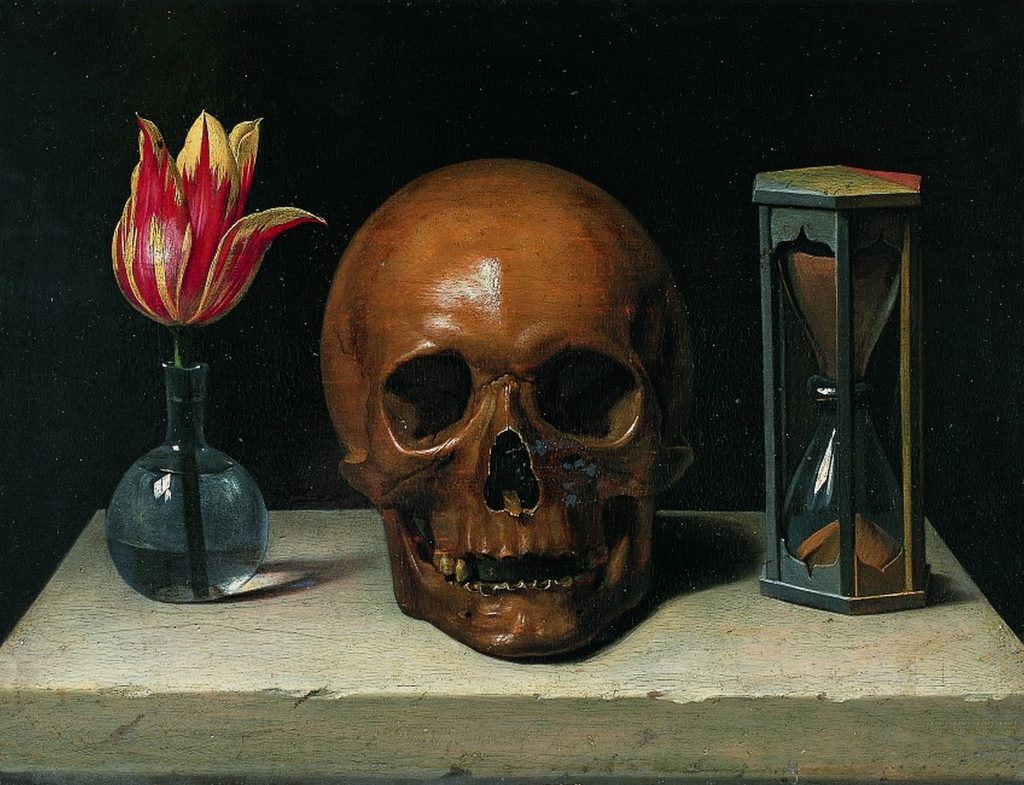flowers in art: Flowers in art: Philippe de Champagne, Still-Life With a Tulip, Skull, and Hourglass, 1671, Musée de Tesse, Le Mans, France. Masterwork Fine Art.

