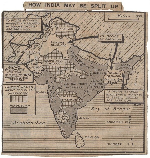 Pritika Chowdhry: Map speculating on a possible division of India from the Daily Herald, 4th June 1947. Wikimedia Commons (public domain).
