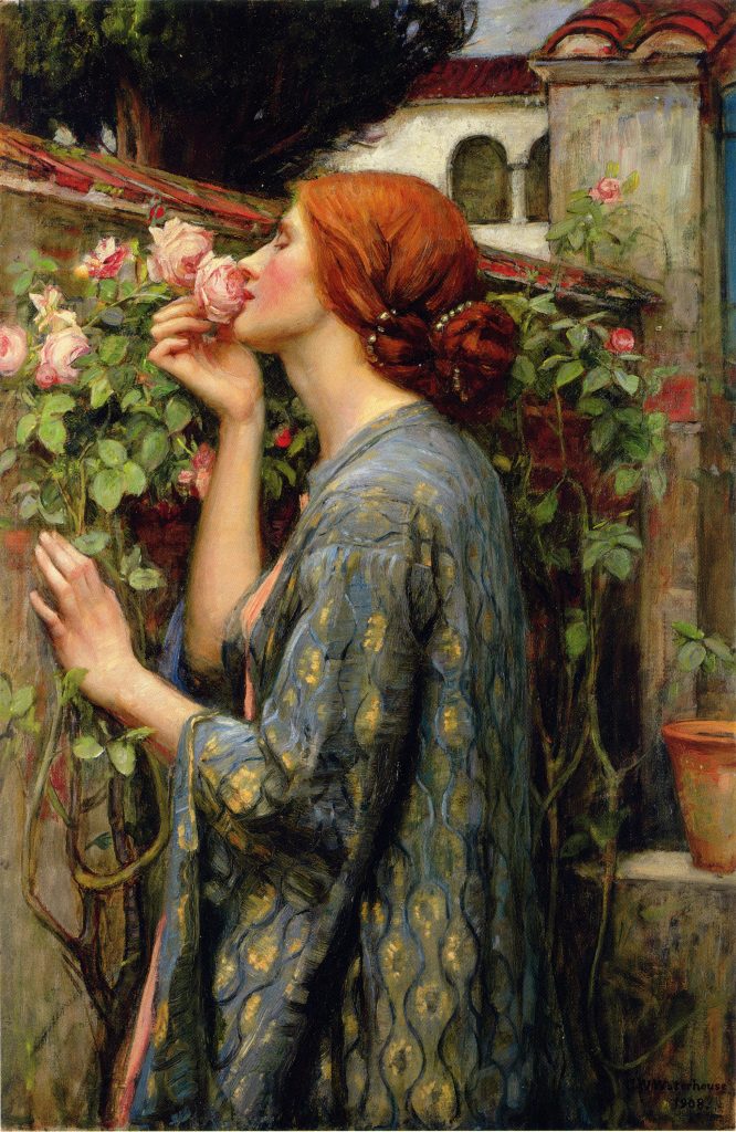 flowers in art: Flowers in art: John William Waterhouse, The Soul of the Rose, 1908, private collection. Wikimedia Commons (public domain).
