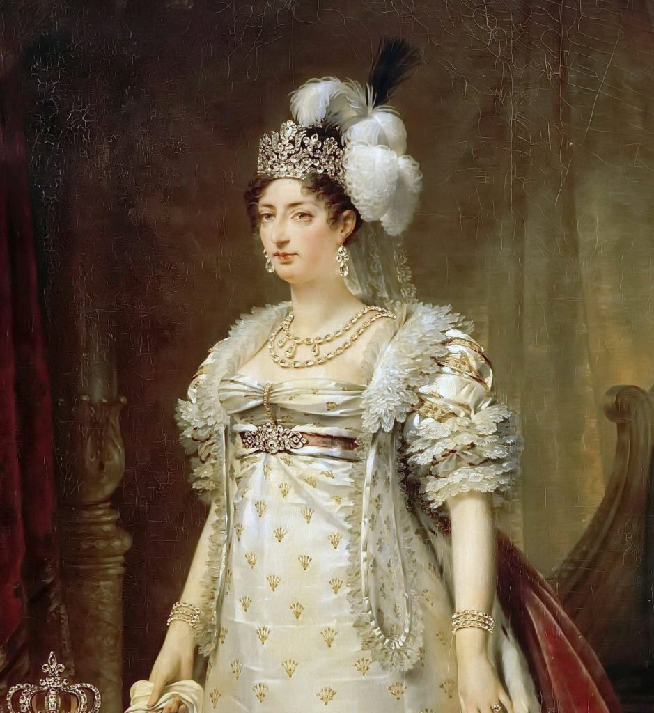 Royal Jewelry: Baron Antoine-Jean Gros, Marie-Thérèse Charlotte of France, Dauphine of France and Duchess of Angoulême, c.1816-1817, Château de Versaille, Versailles, France. Detail.
