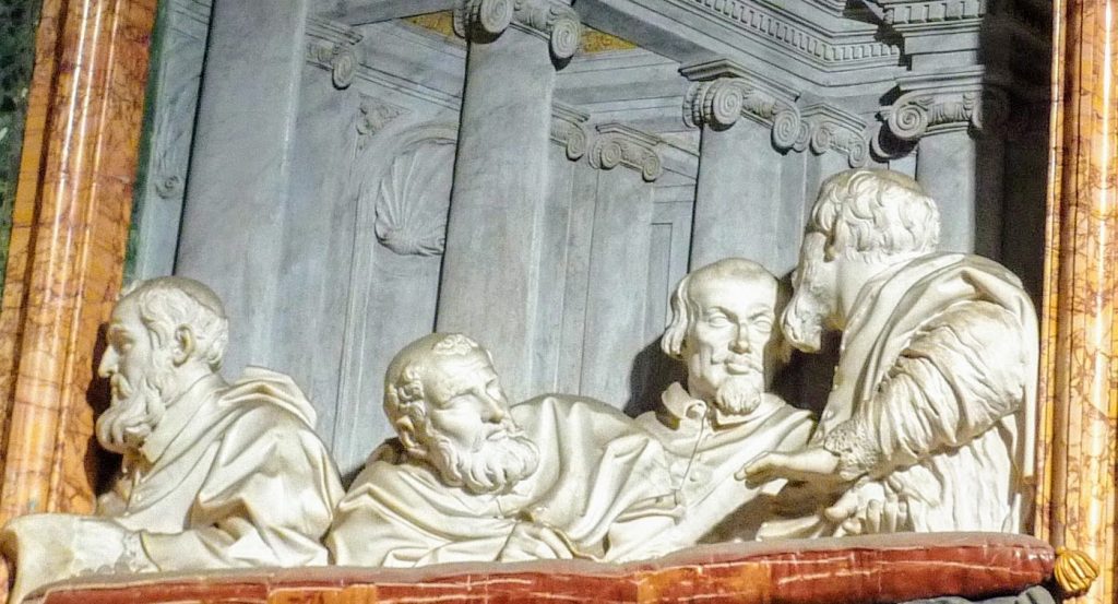 Ecstasy of Saint Teresa: Gian Lorenzo Bernini, Ecstasy of Saint Teresa, 1647-1652, view of four members of the Cornaro family, including Cardinal Federico Cornaro, Santa Maria della Vittoria, Rome, Italy. Detail. Walks in Rome. 
