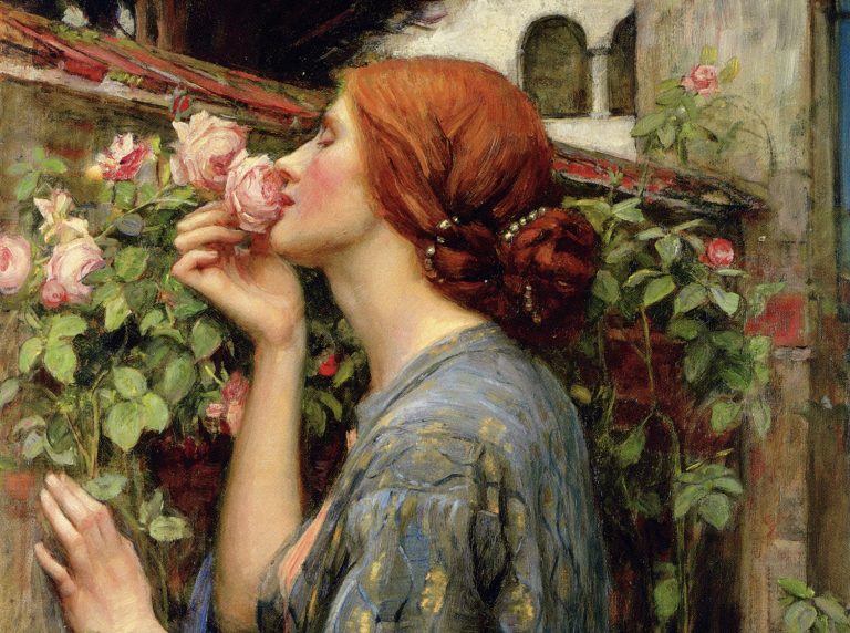 flowers in art: John William Waterhouse, The Soul of the Rose, 1908, private collection. Wikimedia Commons (public domain). Detail.
