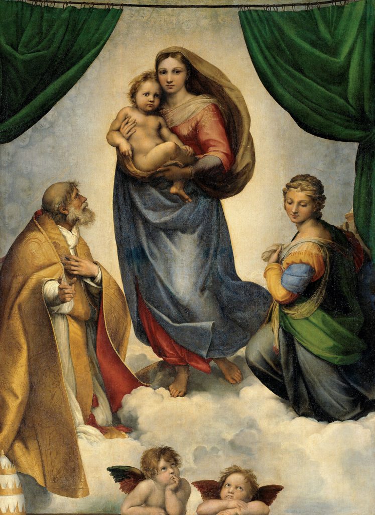 angels in art: Raphael, The Sistine Madonna, 1512, Gemaldegalerie Alte Meister, Dresden, Germany.
