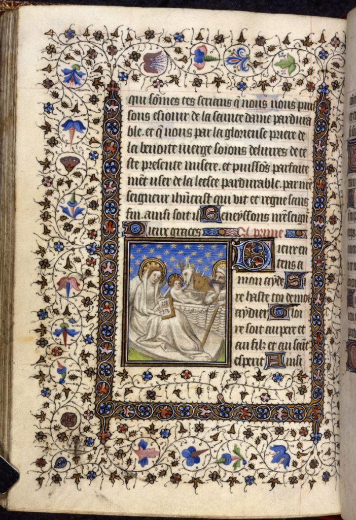 saint joseph nativity: Nativity with Ox and Ass, from a French Book of Hours, 1400–1425: Harley MS 2952, f. 142v, The British Library, London, UK.
