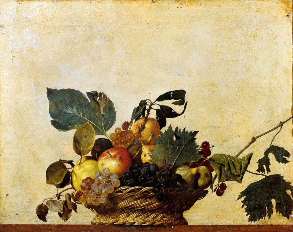 Caravaggio paintings: Caravaggio, Basket of Fruit, 1597-1599, Biblioteca Ambrosiana, Milan, Italy. Wikimedia Commons (public domain).