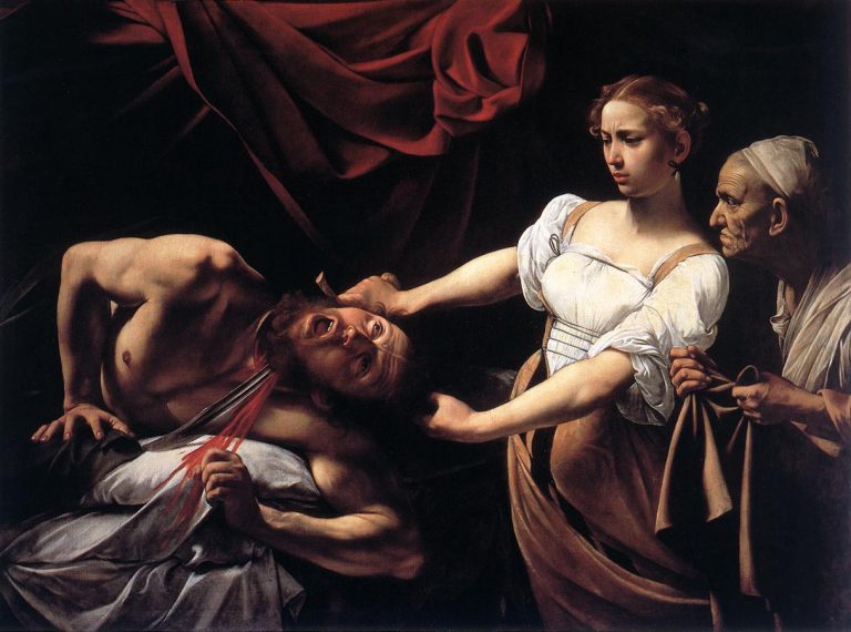 Caravaggio paintings: Caravaggio, Judith Beheading Holofernes, 1599, Galleria Nazionale d’Arte Antica, Palazzo Barberini, Rome, Italy. Wikimedia Commons (public domain). Detail.

