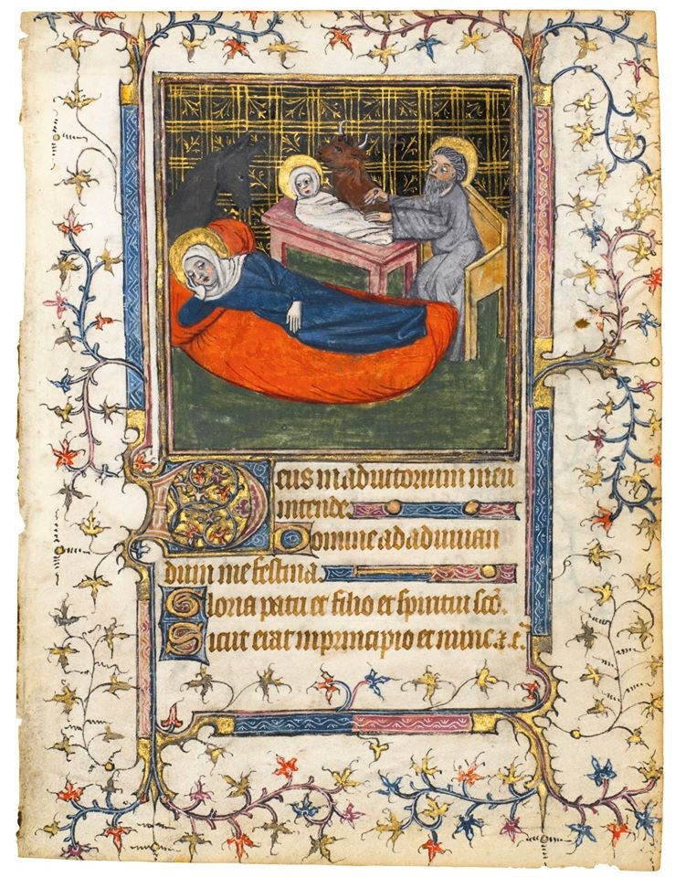 saint joseph nativity: Nativity, miniature from French Book of Hours, c. 1400. Twitter.
