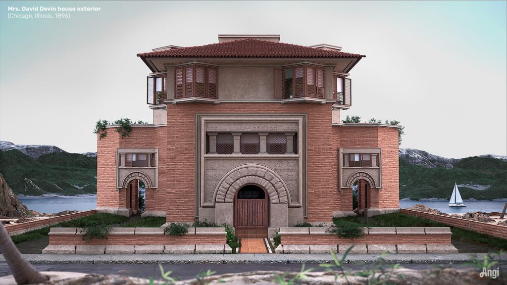 Frank Lloyd Wright houses: Frank Lloyd Wright, Project of Devin’s House, 1896, Chicago, IL, USA. Rendered by Angi.
