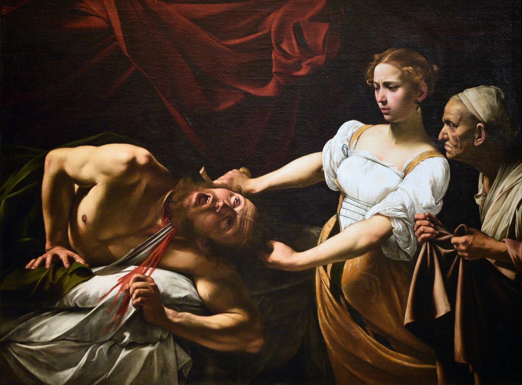 Caravaggio paintings: Caravaggio, Judith Beheading Holofernes, 1599, Galleria Nazionale d'Arte Antica, Palazzo Barberini, Rome, Italy. Wikimedia Commons (public domain).
