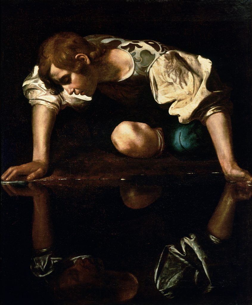 Caravaggio paintings: Caravaggio, Narcissus, 1597–1599, Galleria Nazionale d'Arte Antica, Palazzo Barberini, Rome, Italy. Wikimedia Commons (public domain).