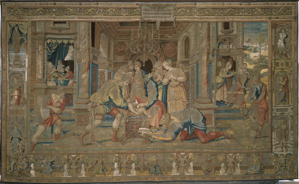 Renaissance Tapestries: Design attributed to Pieter Coecke van Aelst, woven by Willem de Pannemaker, The Circumcision of Isaac and the Expulsion of Hagar and Ishmael from the Story of Abraham series, ca. 1540-1543, Hampton Court Palace, London, UK.
