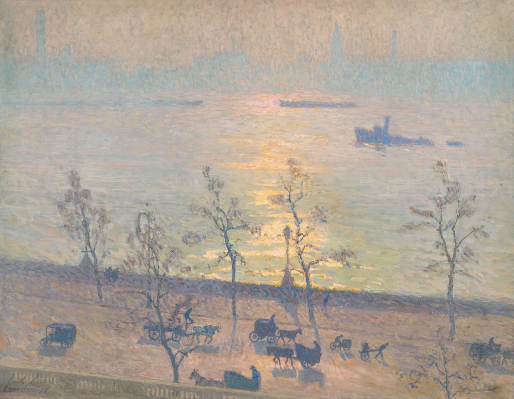 refugee artists wales: Refugee Artists in Wales: Emile Claus, Sunset over the Thames, 1916, Royal Museums of Fine Arts of Belgium, Brussels, Belgium.
