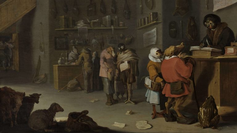 Cornelis Saftleven, Who Sues for a Cow?, 1629, oil on wood panel, Museum Boijmans Van Beuningen, Rotterdam, Netherlands. Detail.