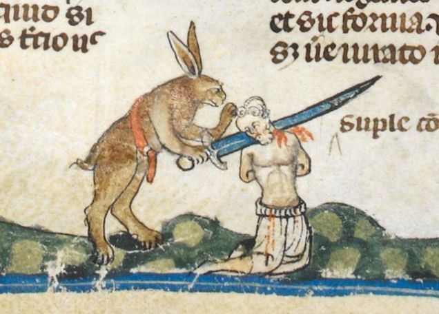killer medieval rabbits: Smithfield Decretals, c. 1300, British Library, London, UK. Detail.
