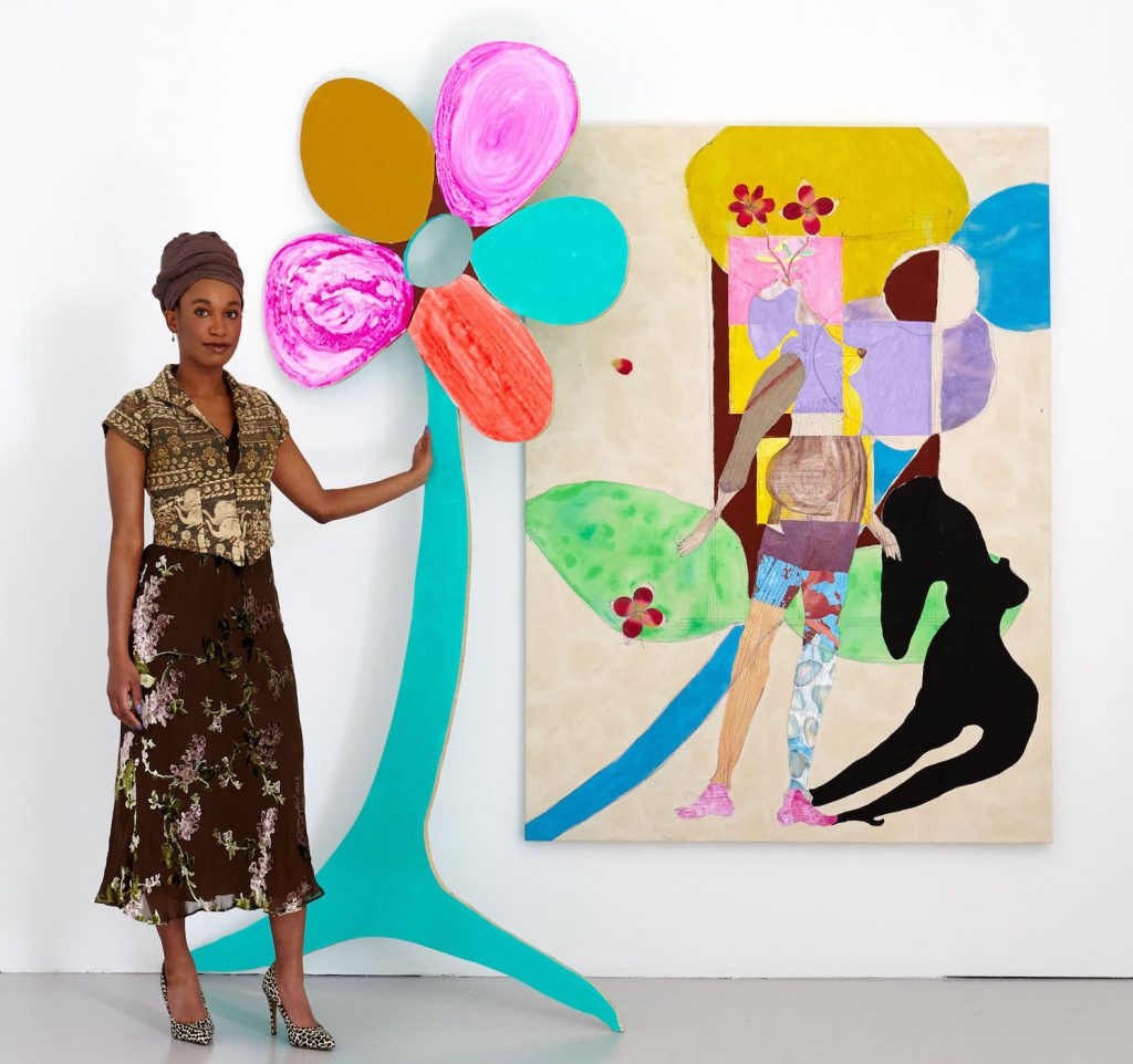 Black Female Artists: Tschabalala Self, with a sculpture, Glory, and a painting, Flowergirl, 2017. Photo Joshua McHugh.

