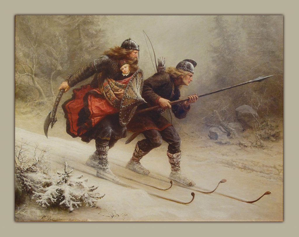 Skiing in art: Skiing in Art: Knud Bergslien, Skiing Birchlegs Crossing the Mountain with the Royal Child, 1869, Holmenkollen Ski Museum, Oslo, Norway.
