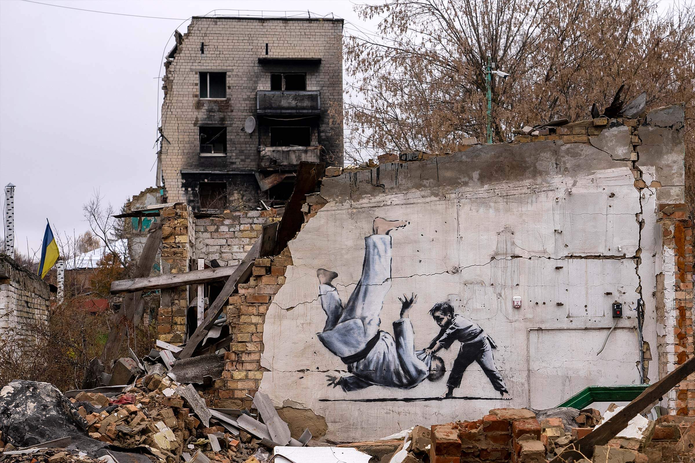 Banksy, Judo, 2022, Borodyanka, Ukraine. Artist's website.