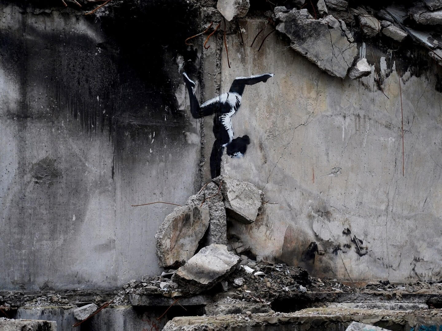 Banksy, Gymnast, 2022, Borodyanka, Ukraine. Oleg Pereverzev/NurPhoto via Getty Images.