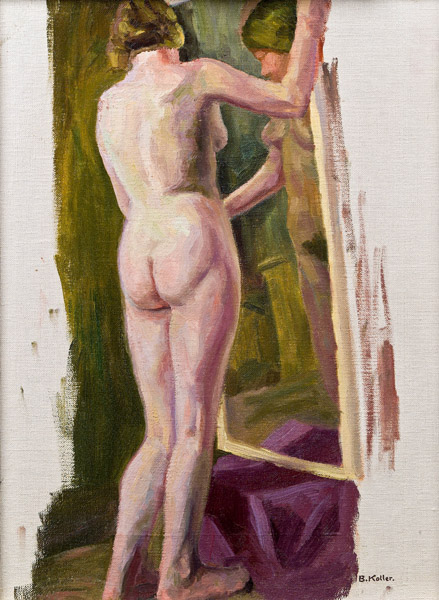 Broncia Koller-Pinell: Broncia Koller-Pinell, Nude Standing in Front of a Mirror, 1934. Wikimedia Commons (public domain).
