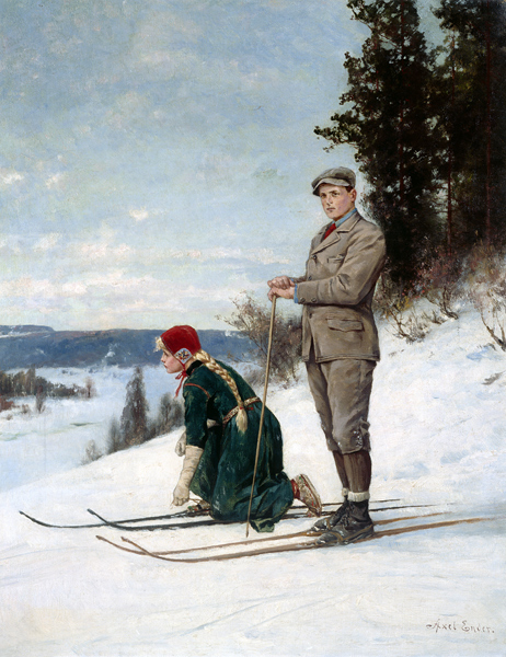 Skiing in art: Skiing in Art: Axel Hjalmar Ender, Cross-Country-Skiing, 19th century, Bonhams Collection, London, UK.
