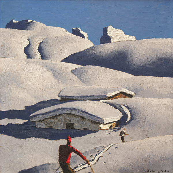 Skiing in art: Skiing in Art: Alfons Walde, Schifahrer bei der Alm, 1935, private collection. Auktionshaus Hassfurther.

