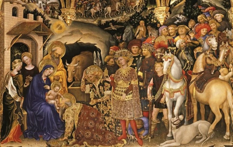 Adoration of the Magi: Gentile da Fabriano, Adoration of the Magi, 1423, Uffizi Gallery, Florence, Italy. Detail.
