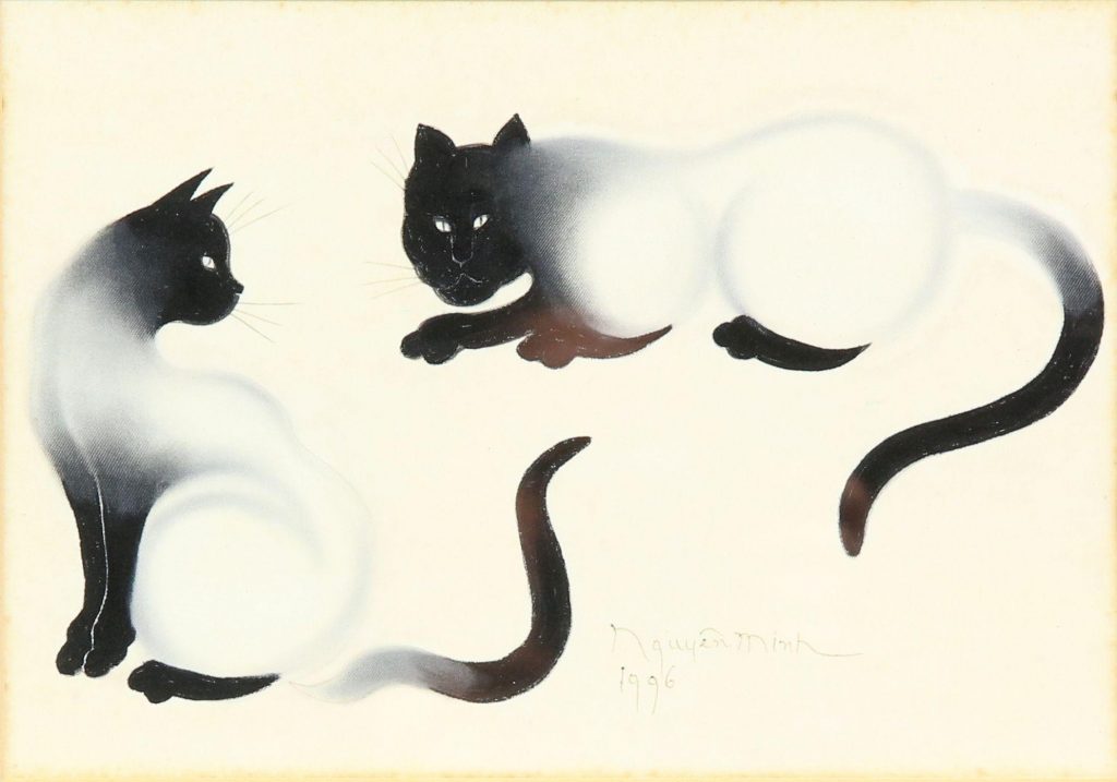 Print with two colorpoint cats (white body and black markings on heads, legs and tails). One on the left is sitting, the other one is laying.