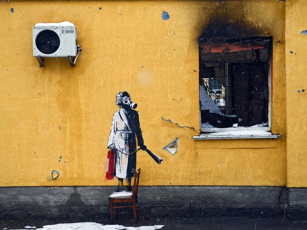 Banksy, woman with gas mask, 2022, Hostomel.