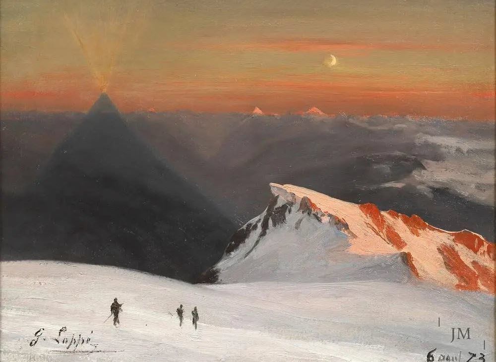 Skiing in Art: Gabriel Loppé, L’ombre du mont Blanc au coucher du soleil du 6 août 1873, 1873