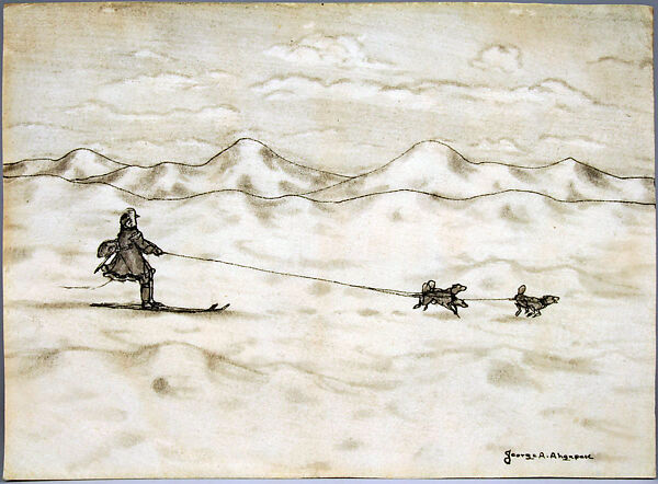 Skiing in Art: George A. Ahgupach, Man Skiing with Dogs, ca. 1930, parchment, ink, blood serum, carbon, The Metropolitan Museum of Art, New York, NY, USA.