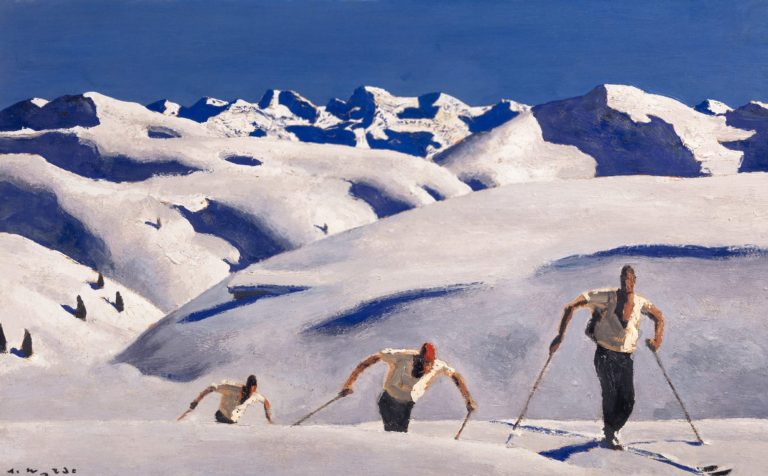Skiing in art: Alfons Walde, Ascent of the Skiers, ca. 1927. Artsy.
