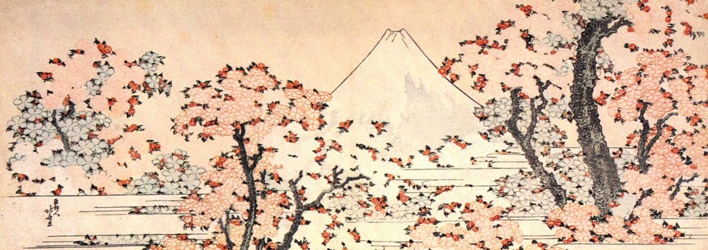 Sakura and hanami: Photo by Jon Connell, Katsushika Hokusai, Mount Fuji seen through cherry blossom, c. 1801-05, The Art Institute of Chicago, Chicago, IL, USA. Wikimedia Commons (public domain).
