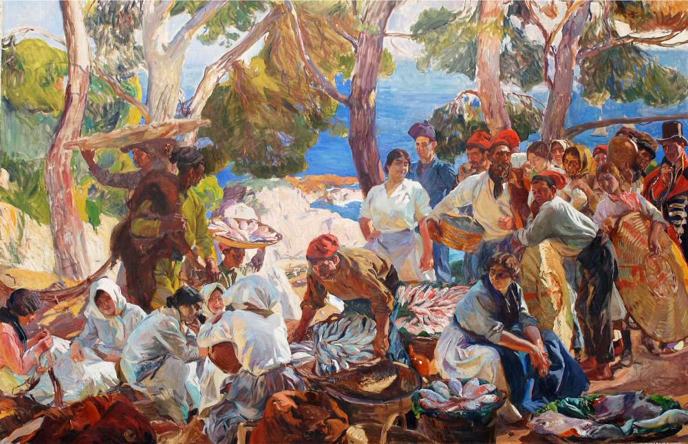 Joaquín Sorolla beach paintings: Joaquín Sorolla, Catalonia. El Pescado (The Fish), 1915, Hispanic Society of New York, New York, NY, USA. Wikipedia Commons (public domain).
