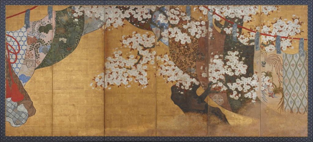 Sakura and hanami: Unknown Artist, Wind-screen and cherry tree, c. 1615-1868, Freer Gallery of Art, The Smithsonian, Washington DC, USA. Wikimedia Commons (public domain).
